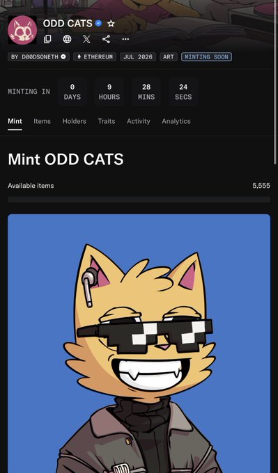 Screenshot of an NFT minting page for 'ODD CATS' by d00dsoneoth on Ethereum, scheduled for July 2026, showing a 9-hour countdown timer and an illustration of an orange cat wearing pixelated sunglasses.