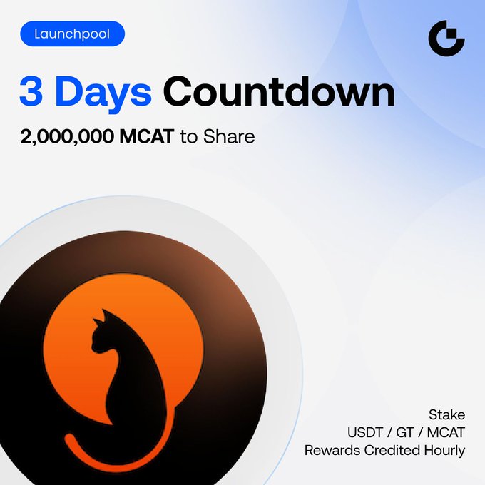 A sleek promotional graphic for Gate Launchpool featuring a "3 Days Countdown" banner offering 2,000,000 MCAT tokens to share, with a stylized black cat logo against an orange circular background, alongside text detailing staking options in USDT, GT, and MCAT with hourly reward credits.