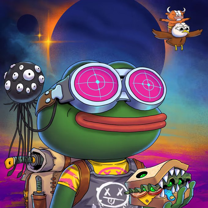 A colorful digital illustration of a green frog character wearing pink grid-patterned goggles, accompanied by a many-eyed black creature and a small bird-riding owl against a cosmic background.