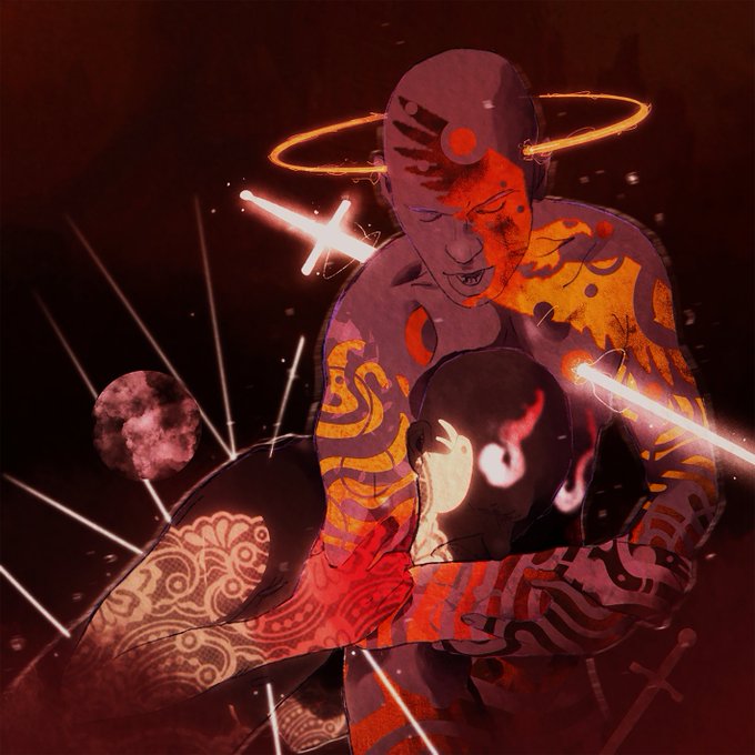A dramatic digital painting depicts a bald, tattooed figure with glowing red eyes and a halo embracing another figure with glowing eyes, set against a dark red background with the moon and light streaks.