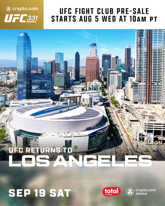 Promotional poster for UFC 331 featuring an aerial view of Crypto.com Arena in downtown Los Angeles, announcing a UFC Fight Club pre-sale starting August 5 at 10AM PT for the September 19 Saturday event, sponsored by Crypto.com and Total Wireless.