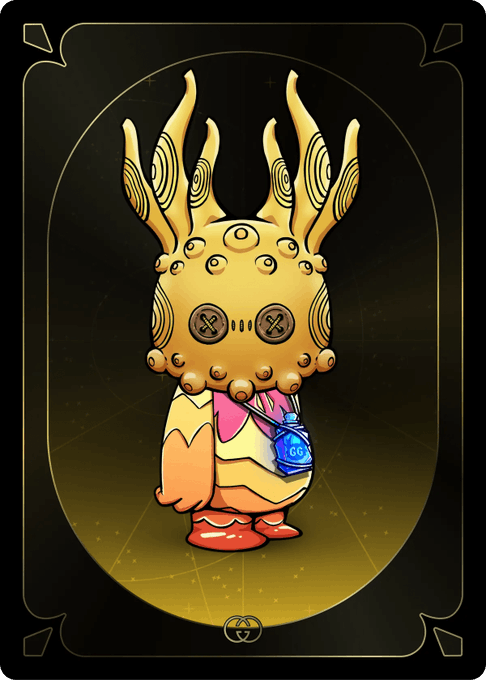 A stylized illustration of a character wearing an elaborate golden mask with multiple eyes and antler-like protrusions, set against a dark background with a golden oval frame and decorative corner elements.