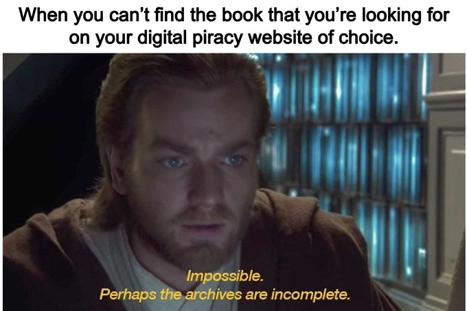 The image shows a man with long hair wearing a brown hoodie sitting down, looking at something off camera. The caption reads "When you can't find the book that you're looking for on your digital pirate website of choice."