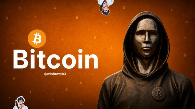 The image features an orange background with the words "BITCOIN" written in white letters, accompanied by a picture of a person wearing a hooded sweatshirt or cape. The caption below the image reads "Focus on what is in the image and how it relates to the post #8: global financial system collapses #2008: banks fail # governments print trillions # trust disappears".