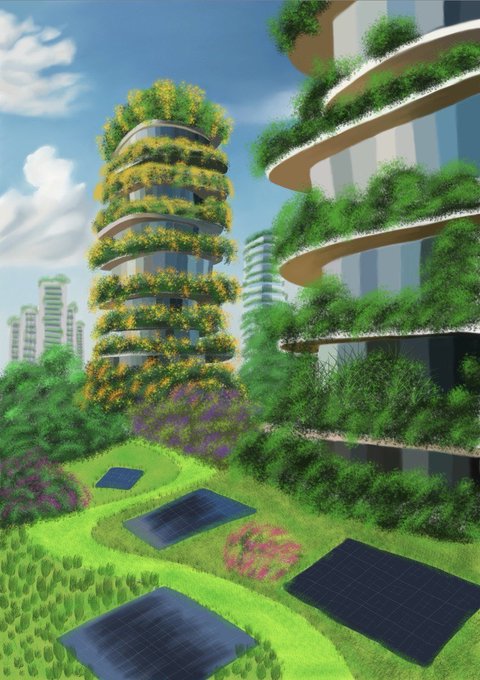 A digital artwork depicting a futuristic eco-city with tall, curved buildings covered in lush green vegetation and yellow flowers, interspersed with solar panels on grassy terrain.