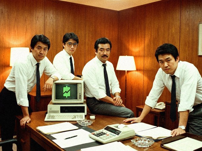 Four Japanese men in white shirts and ties pose in a wood-paneled office around an old computer displaying a green upward trending graph, alongside a telephone and papers.