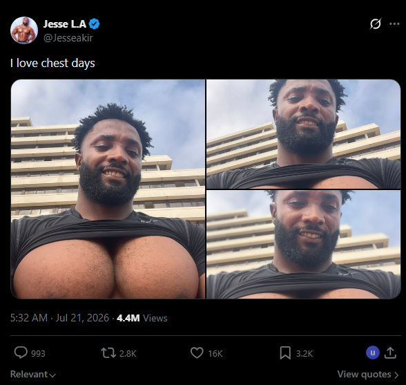 A Twitter post by Jesse L.A. (@Jesseakir) captioned 'I love chest days' showing three photos of a muscular man lifting his shirt to display his chest muscles.