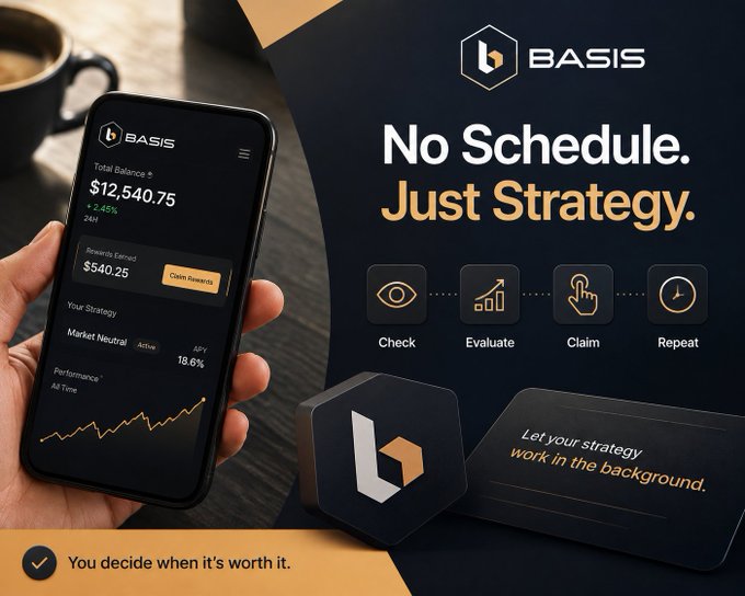 A promotional graphic for 'BASIS' cryptocurrency app with the tagline 'No Schedule. Just Strategy.', showing a phone displaying $12,540.75 balance and icons for Check, Evaluate, Claim, Repeat.