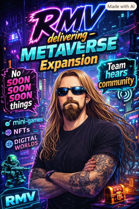 Promotional graphic with 'RMV delivering METAVERSE Expansion' and 'Made with AI' at the top, showing a man with long hair and sunglasses, along with text like 'Team hears community,' 'SOON,' 'mini-games,' 'NFTS,' and 'DIGITAL WORLDS.'