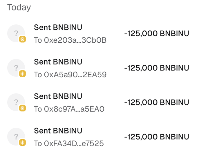 A screenshot of a crypto transaction history shows four outgoing "Sent BNBINU" transfers of -125,000 BNBINU each to different wallet addresses (0xe203a...3Cb0B, 0xA5a90...2EA59, 0x8c97A...a5EA0, 0xFA34D...e7525), seemingly used as "proof" to support an airdrop claim requesting users to follow @BNBINUx and share their BNB wallet address for 125,000 $BNBINU tokens.