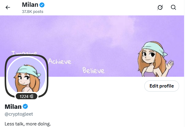A Twitter (X) profile page for 'Milan' (@cryptogleet), featuring an anime-style girl with a green bandana as the profile picture and banner, with the tagline 'Less talk, more doing.'