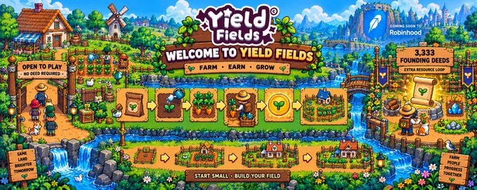 A colorful title screen for 'Yield Fields' displays 'WELCOME TO YIELD FIELDS' with the tagline 'FARM · EARN · GROW,' featuring cartoon farm scenery and a '3,333 FOUNDING DEEDS' banner.