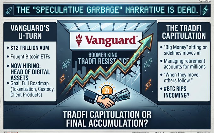 Financial infographic titled 'THE "SPECULATIVE GARBAGE" NARRATIVE IS DEAD' discussing Vanguard's $12 trillion AUM 'U-TURN' into hiring for digital assets and 'TRADFI CAPITULATION,' with bottom text asking 'TRADFI CAPITULATION OR FINAL ACCUMULATION?'.