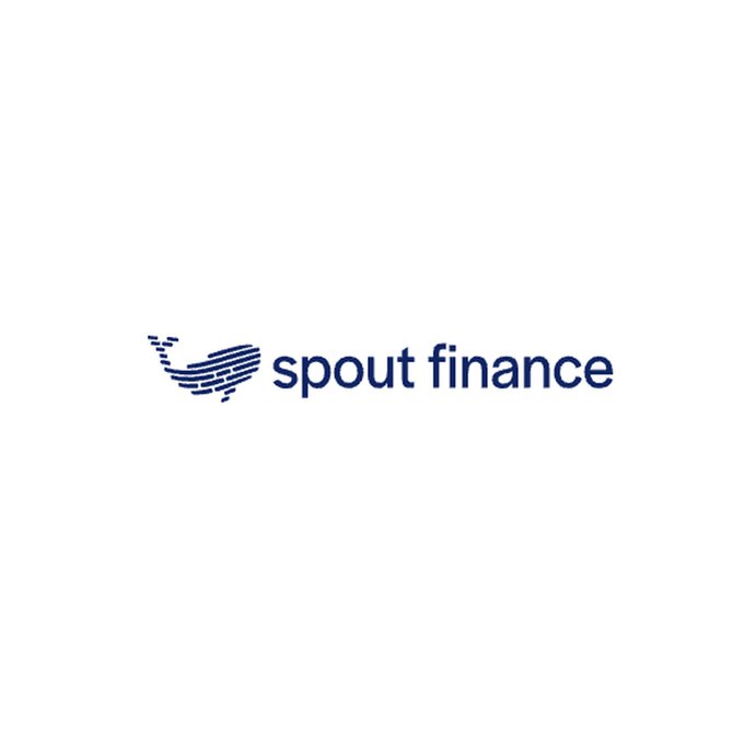 The image displays the Spout Finance logo, featuring a stylized blue whale tail icon next to the company's name in navy blue lowercase text, corresponding to the Solana-based tokenized equity lending platform that raised $2 million in funding.