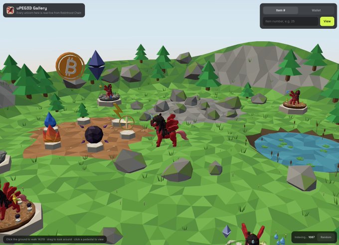 A low-poly 3D video game scene titled 'uPEG3D Gallery' showing a landscape with rocks, trees, a Bitcoin logo, Ethereum logo, and various character statues scattered across a grassy terrain.