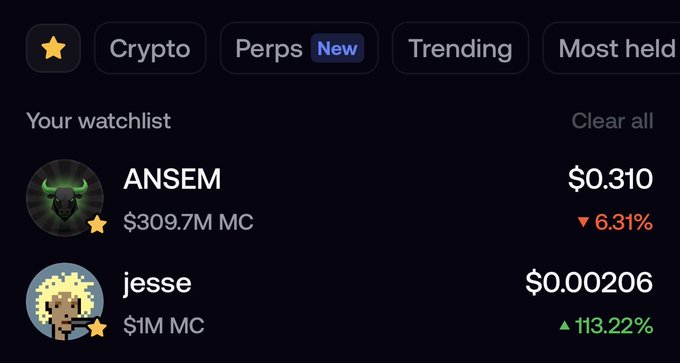 A cryptocurrency watchlist shows two tokens: ANSEM at $0.310 with a $309.7M market cap (down 6.31%) and jesse at $0.00206 with a $1M market cap (up 113.22%). The image illustrates the dramatic market cap gap referenced in the post, highlighting how $JESSE's $1M valuation sits far below $ANSEM's $309.7M, supporting the speculation that $JESSE has significant room to grow if it reaches similar levels.