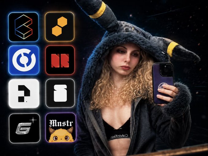 A woman with curly blonde hair wearing a black furry hooded jacket with horn-like protrusions takes a mirror selfie with her phone, displayed alongside eight app icons representing TCG (trading card game) platforms like Courtyard, Phygitals, and Mnstr. The image visually complements the post about the user's preferred platforms for buying trading cards, showcasing the variety of marketplaces mentioned in their review.