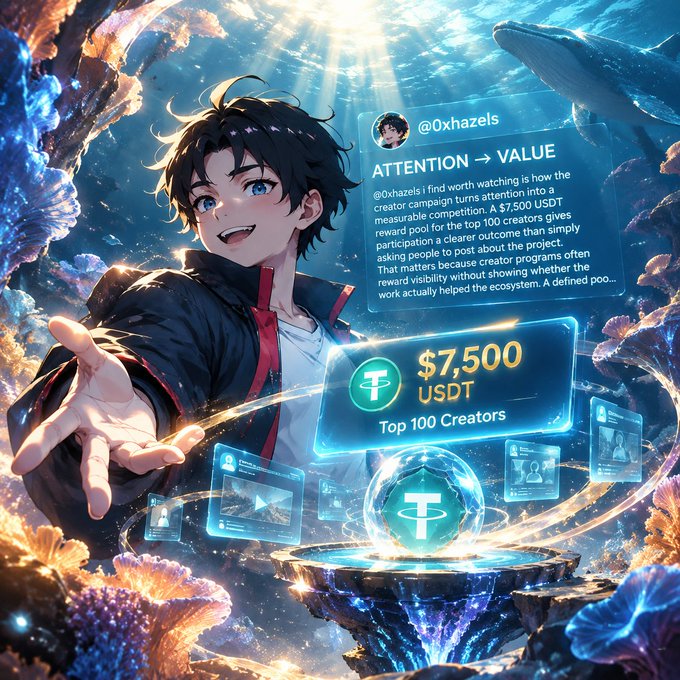 An anime-style illustration features a young man with dark hair alongside a promotional graphic showing a $7,500 USDT reward for the 'ATTENTION → VALUE' Top 100 Creators program by @0xhazels.