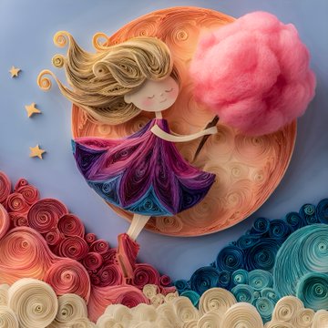 A whimsical quilling art piece depicting a serene girl in a flowing purple dress holding a giant pink cotton candy cloud against a swirling blue sky, standing atop stylized waves of pink and teal quilled paper — visually representing the "Morning Breath" and "Poofy Dreams" NFT collection highlighted in the post.