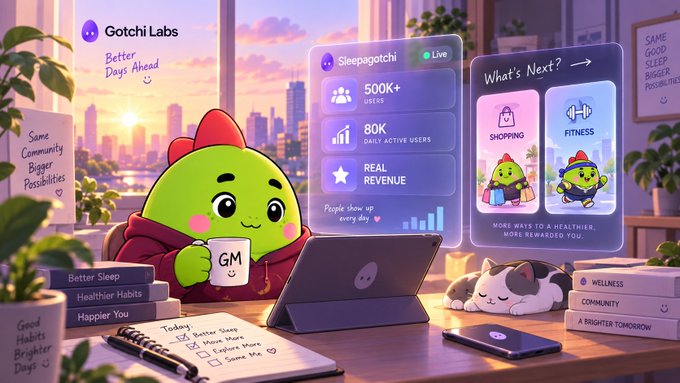 A digital illustration shows a cute green dinosaur-like mascot at a desk with a laptop, surrounded by holographic displays showing 'Gotchi Labs', 'Sleepagotchi', '500K+ USERS', '80K DAILY ACTIVE USERS', 'REAL REVENUE', and tabs for 'SHOPPING' and 'FITNESS'.