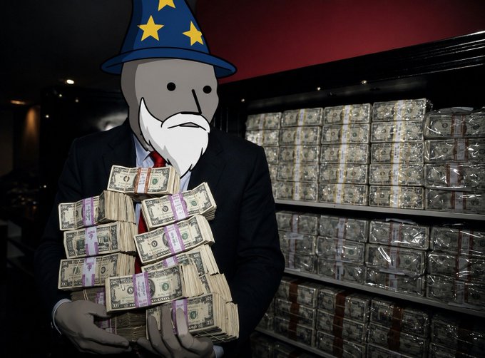 A cartoon wizard wearing a star-patterned blue hat and a suit holds stacks of banded US dollar bills, standing in front of shelves filled with more wrapped cash bundles — visually playing on the "Saturday plans" theme by suggesting the day's agenda is simply stacking money, crypto-style.