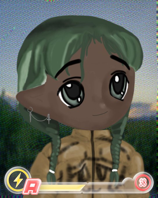 A digital illustration/chibi-style portrait of a girl with green hair styled in braids, large expressive green eyes, and an earring, displayed with an energy meter interface at the bottom showing '38'.