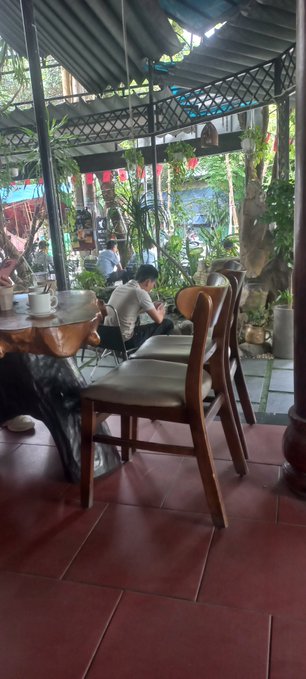 A casual photo taken inside a covered, open-air cafe or restaurant featuring wooden tables and chairs on a tiled floor, with a few people sitting at tables surrounded by lush green plants.