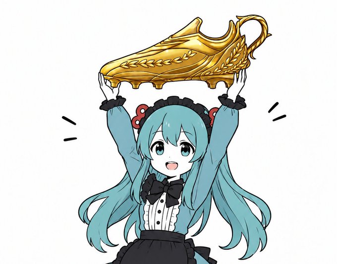 An anime-style illustration of a girl with long teal twin-tails in a black and teal maid outfit holding up a large golden shoe trophy.