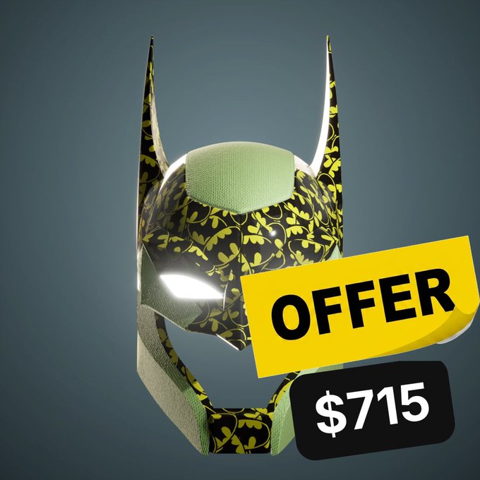 A Bat Cowl from The Bat Cowl Collection featuring a black and yellow leaf pattern with green accents is displayed with an "OFFER" banner showing "$715" on a gradient blue background.