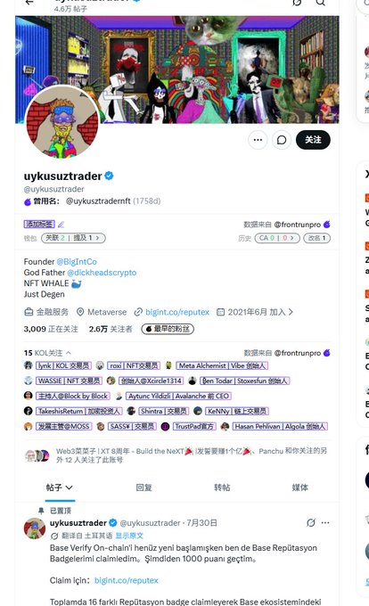 Twitter/X profile page for @uykuszutrader showing Turkish language bio mentioning Founder @BigIntCo, God Father @dickheadscrypto, and NFT WHALE, with 3,009 followers.