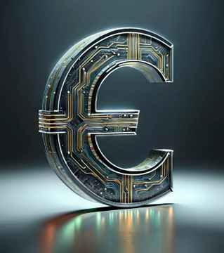 The image features a stylized, metallic Euro (€) symbol with circuit board detailing, symbolizing the intersection of traditional currency and digital technology. This visual aligns with Crédit Agricole's launch of the MiCA-compliant euro stablecoin EURXT on Ethereum, representing the digitization of the euro through blockchain technology.