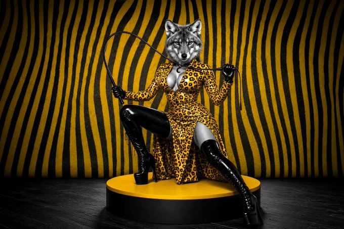 A stylized artistic photograph of a woman wearing a leopard-print dress and thigh-high black boots, with a wolf's head, posing on a yellow circular platform against a yellow and black striped background.