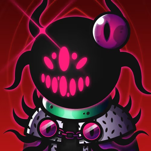An illustration of a cartoon black cat with glowing pink eyes, a sinister grin, and a spiked collar appears as a mascot character.
