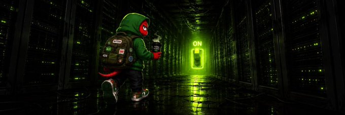 A small red devil-like character wearing a green hoodie and a backpack labeled "555" walks down a dark server corridor toward an illuminated green "ON" light switch, holding a coffee cup. The image ties to the $INTERN token by personifying a hustling "intern" — an underling flipping the switch to power up the crypto community banner on Moby.