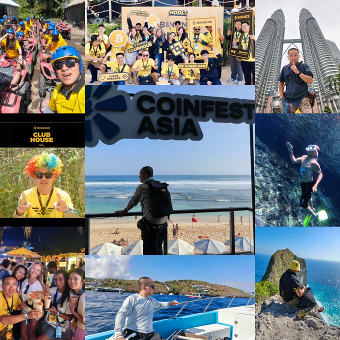 A collage of photos from 'COINFEST ASIA' showing people at the Binance Clubhouse event, activities like ATV riding, snorkeling, cliff jumping, and boat trips in tropical locations.