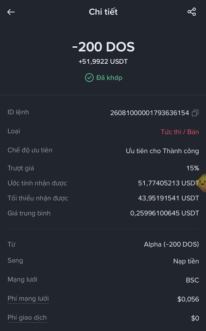 A mobile app screen in Vietnamese displays order details for selling '-200 DOS' for '+51,9922 USDT', noting it was filled successfully on the BSC network.