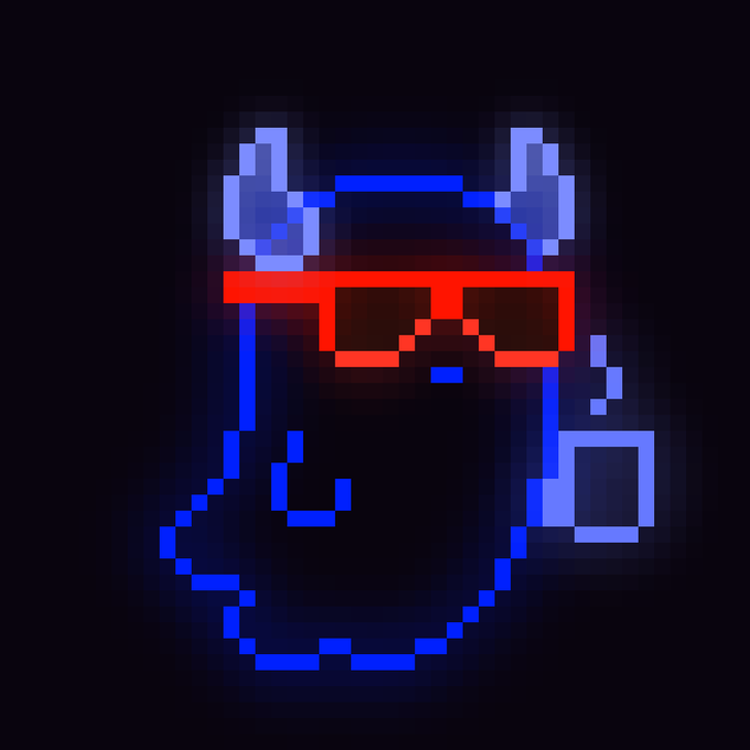 A pixel art illustration depicts a stylized blue cat-like character wearing red pixelated sunglasses, smoking a cigarette, set against a black background.