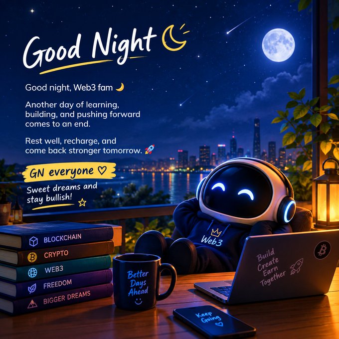 A 'Good Night' graphic addressed to 'Web3 fam' features a robot mascot sitting by a window with a city skyline, alongside books labeled 'BLOCKCHAIN', 'CRYPTO', 'WEB3', 'FREEDOM', and 'BIGGER DREAMS'.