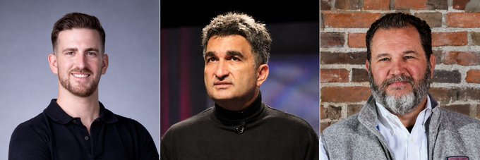 A triptych of professional portrait photos of three men—the first smiling in a dark polo, the second in a black top against a dark background, and the third bearded in a gray sweater against a brick wall—accompanies a post about Jean Paoli's work with Docugami, Inveniam, NVNM Chain, and MANTRA technology to bring documents onchain.
