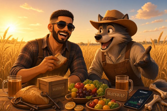 A man and an anthropomorphic wolf wearing a cowboy hat sit together at a table in a wheat field; the table displays a 'WolfSwap' crate, a smartphone showing a chart, fruits, bread, and beer mugs.