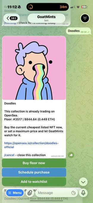 A mobile screenshot of the GoatMints app shows information for the 'Doodles' NFT collection, with a floor price of $844.64 (0.449 ETH) and buttons to 'Buy floor now', 'Schedule purchase', or 'Add to watchlist'.