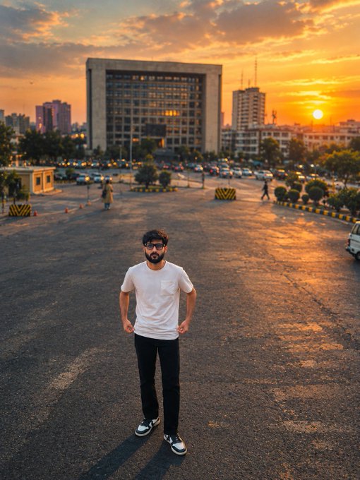 A man in a white t-shirt and dark pants stands in an empty parking lot at sunset, with city buildings and a dramatic orange sky in the background.