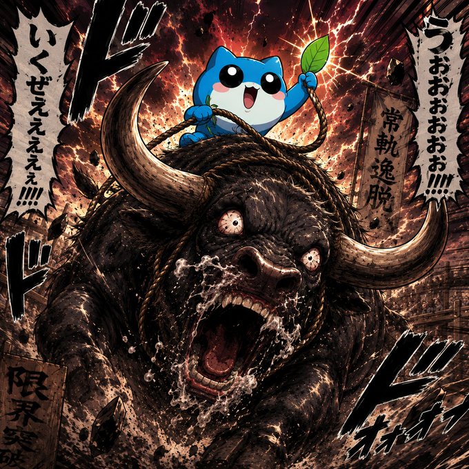 An anime-style illustration of a blue cat-like creature riding a massive raging bull amidst a fiery, chaotic scene with Japanese text.