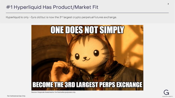 A slide titled "#1 Hyperliquid Has Product/Market Fit" features the famous "One Does Not Simply" meme with a cat face photoshopped onto Boromir, with the caption "ONE DOES NOT SIMPLY BECOME THE 3RD LARGEST PERPS EXCHANGE." The meme humorously illustrates Hyperliquid's rapid rise to become the 3rd largest crypto perpetual futures exchange despite being only ~3 years old, as discussed in the speaker's conference talk.