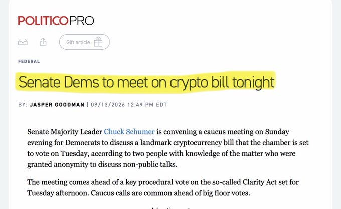 A Politico Pro article snippet with the highlighted headline 'Senate Dems to meet on crypto bill tonight,' authored by Jasper Goodman on 09/13/2026.