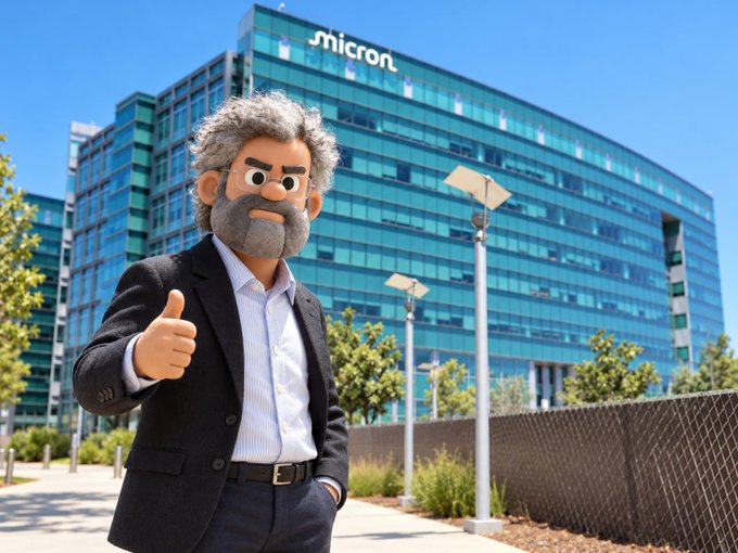 A 3D animated character resembling George R.R. Martin with grey hair and beard, wearing a dark blazer, giving a thumbs-up while standing in front of a modern glass building with a 'Micron' logo.