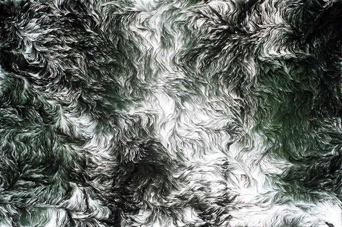 Abstract digital artwork featuring swirling, distorted green, black, and white patterns that create a heavily textured, wavy surface.