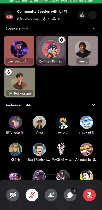 The image shows a phone screen with various icons representing different social media platforms such as Instagram, Facebook, Twitter, and others. The main focus of the image is a community session that has been joined by @kenny_io from the @lifiprotocol.FI team in the Somnia community. The post also mentions how massive LI.FI actually is.