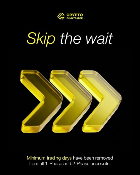 A promotional graphic for 'Crypto Fund Trader' with the slogan 'Skip the wait,' featuring three golden arrows and text stating 'Minimum trading days have been removed from all 1-Phase and 2-Phase accounts.'