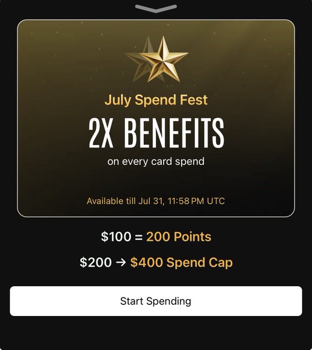 A promotional graphic announces a 'July Spend Fest' with '2X BENEFITS on every card spend,' available till Jul 31, 11:58 PM UTC, offering $100 = 200 Points and a $200 → $400 Spend Cap.